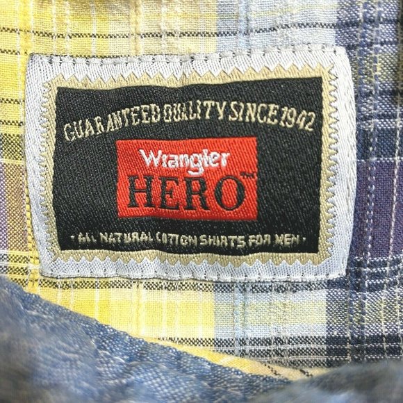 Wrangler Hero Button Down Shirt Mens Size XL XLarge Yellow Blue Check Cotton L/S - Picture 8 of 10